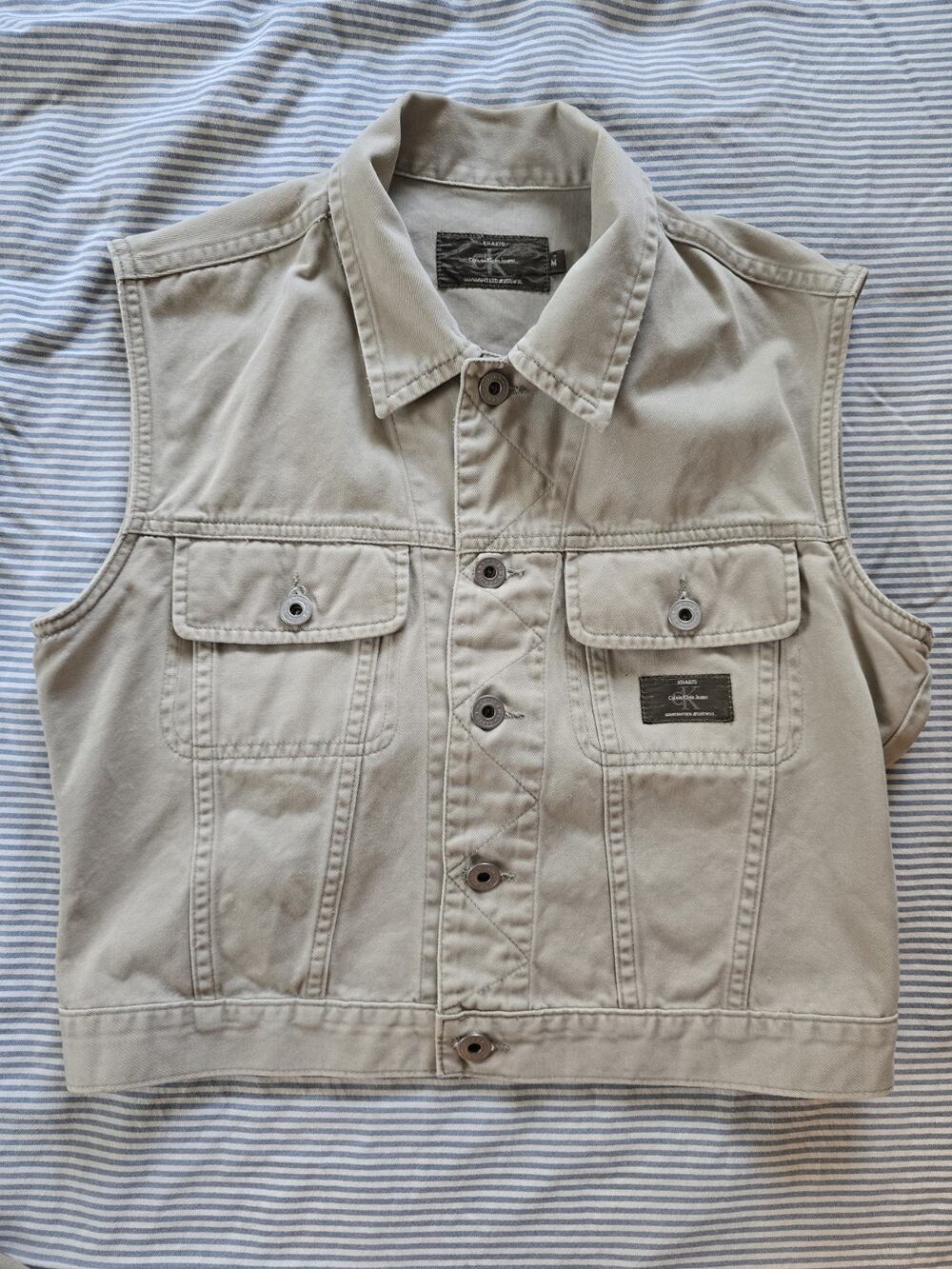 Calvin Klein Jeans Vest Jacket Womens Medium Collar Button Up Pockets Khaki 90s